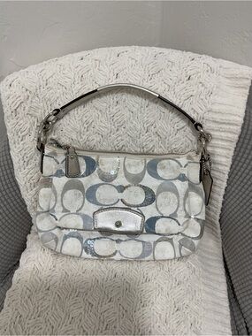 Coach White and Silver Signature Sequin Shoulder Bag